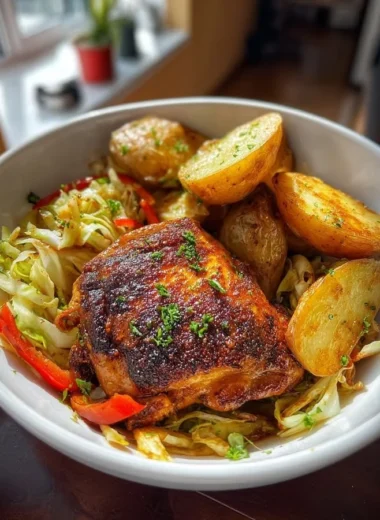 Delicious Smoky Paprika Chicken served with roasted potatoes and cabbage in a skillet