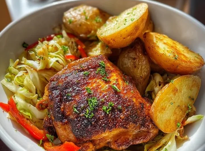 Delicious Smoky Paprika Chicken served with roasted potatoes and cabbage in a skillet