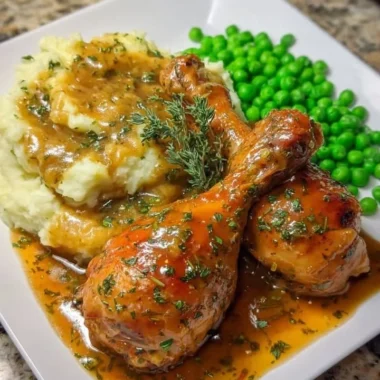 Smothered chicken drumsticks with mashed potatoes and peas on a plate
