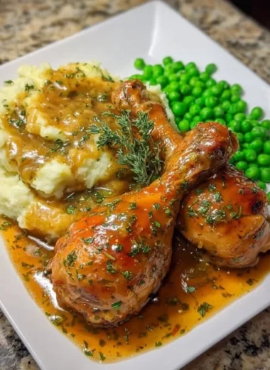 Smothered chicken drumsticks with mashed potatoes and peas on a plate