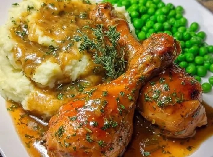 Smothered chicken drumsticks with mashed potatoes and peas on a plate