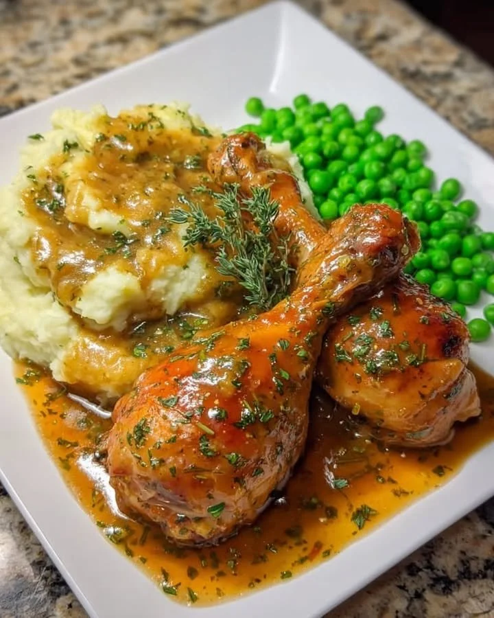 Smothered chicken drumsticks with mashed potatoes and peas on a plate