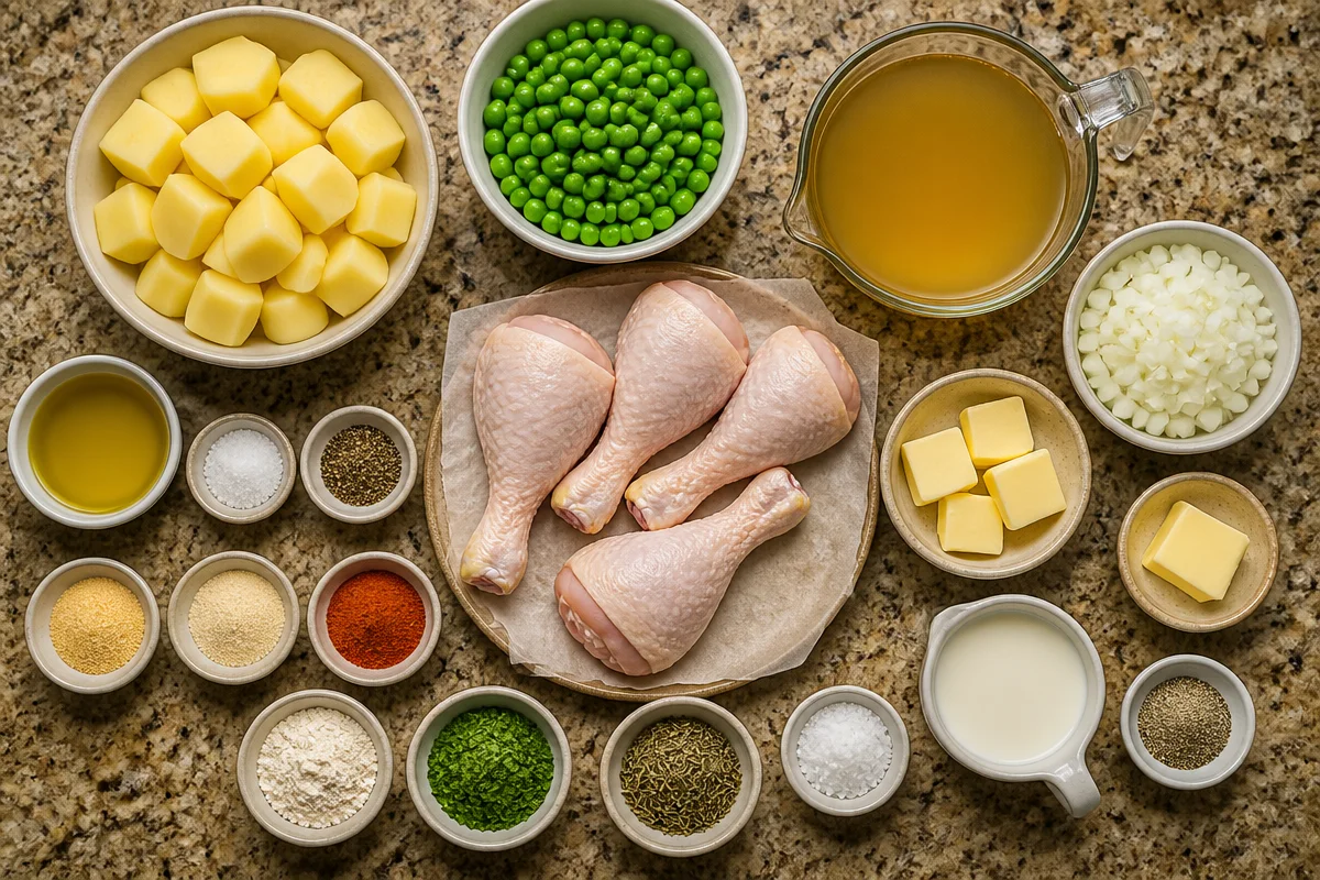 Smothered Chicken Drumsticks with Mashed Potatoes & Peas
