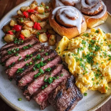 Steak Breakfast Plate with scrambled eggs and cinnamon rolls served on a white plate.