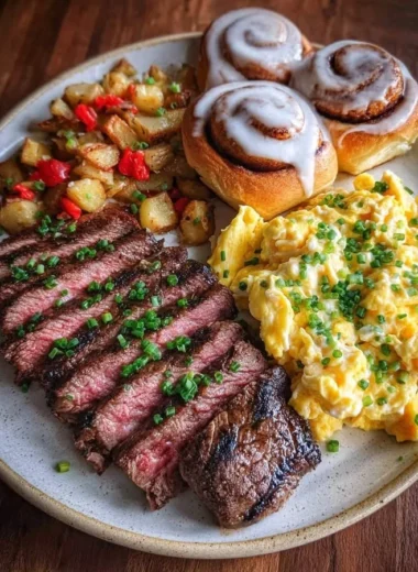 Steak Breakfast Plate with scrambled eggs and cinnamon rolls served on a white plate.