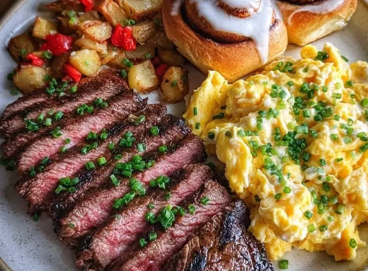 Steak Breakfast Plate with scrambled eggs and cinnamon rolls served on a white plate.