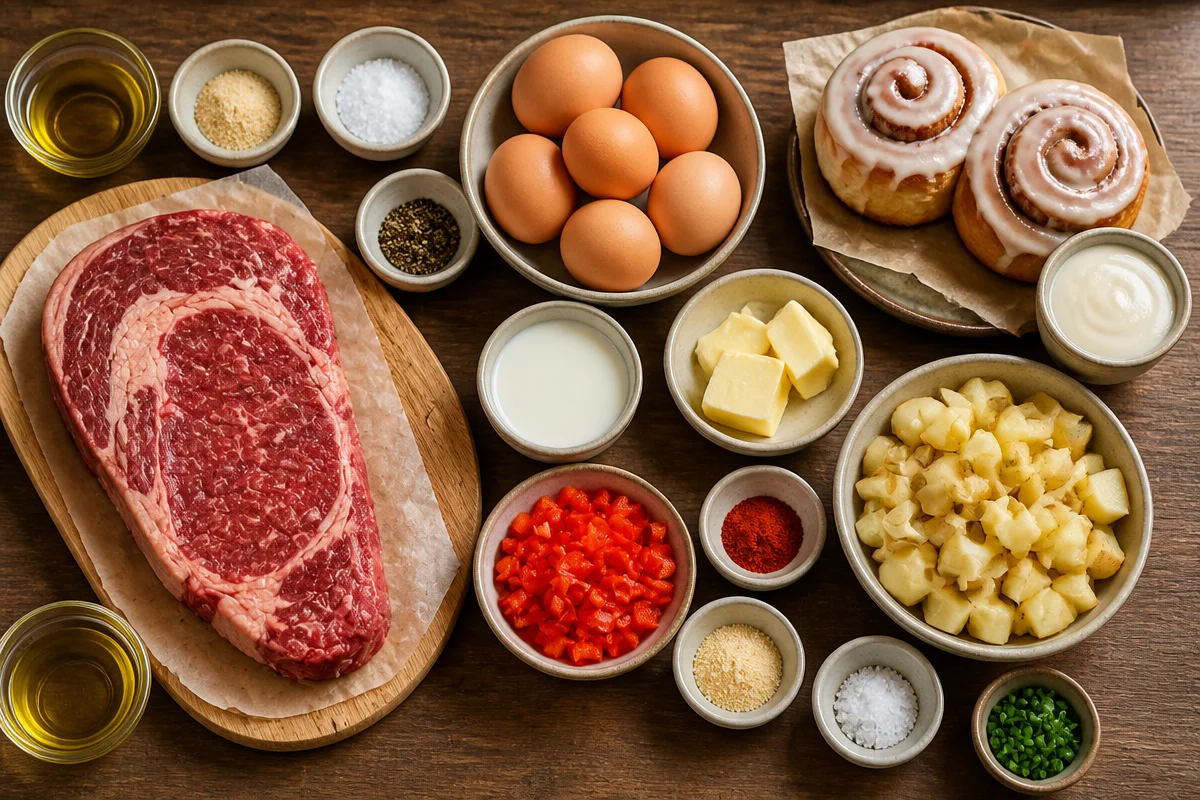 Steak Breakfast Plate with Scrambled Eggs & Cinnamon Rolls