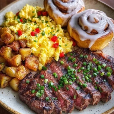 Steak and eggs breakfast platter with cinnamon rolls