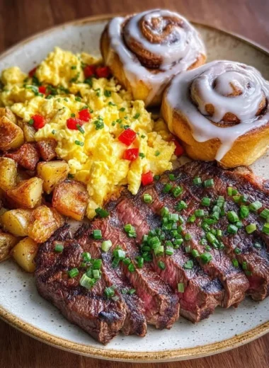 Steak and eggs breakfast platter with cinnamon rolls
