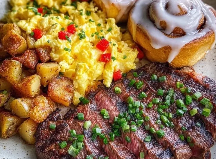 Steak and eggs breakfast platter with cinnamon rolls