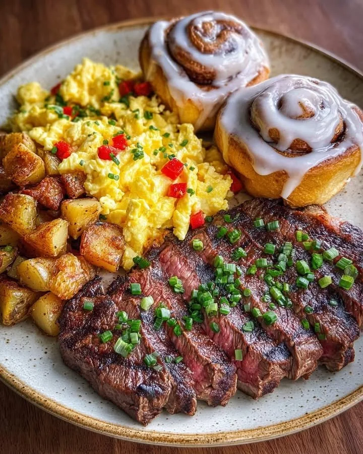 Steak & Eggs Breakfast Platter with Cinnamon Rolls