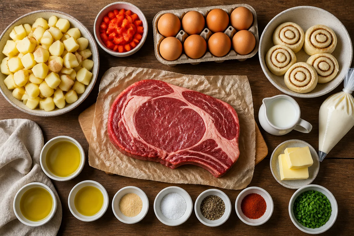 Steak & Eggs Breakfast Platter with Cinnamon Rolls