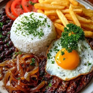 Steak with caramelized onions served with rice, beans, and fries