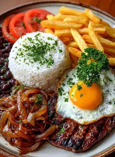 Steak with caramelized onions served with rice, beans, and fries