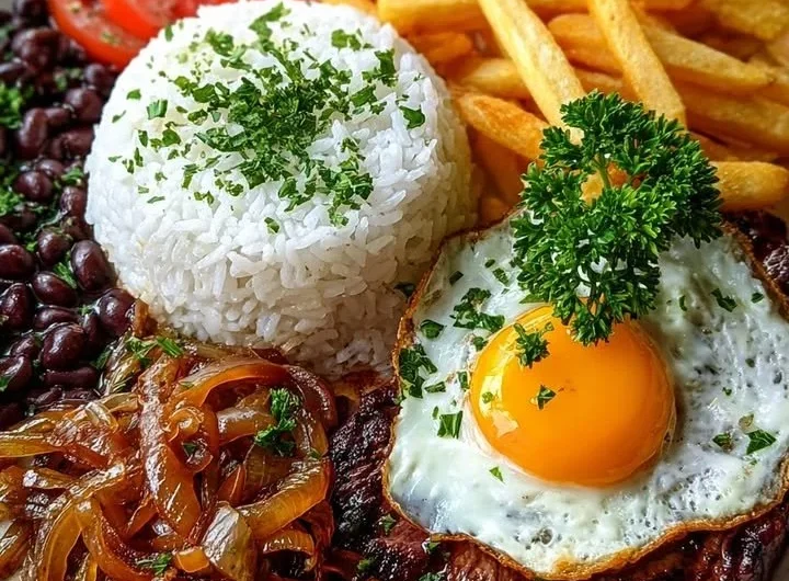 Steak with caramelized onions served with rice, beans, and fries