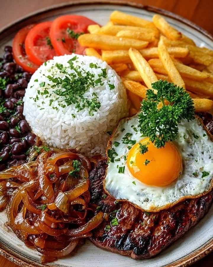 Steak with caramelized onions served with rice, beans, and fries