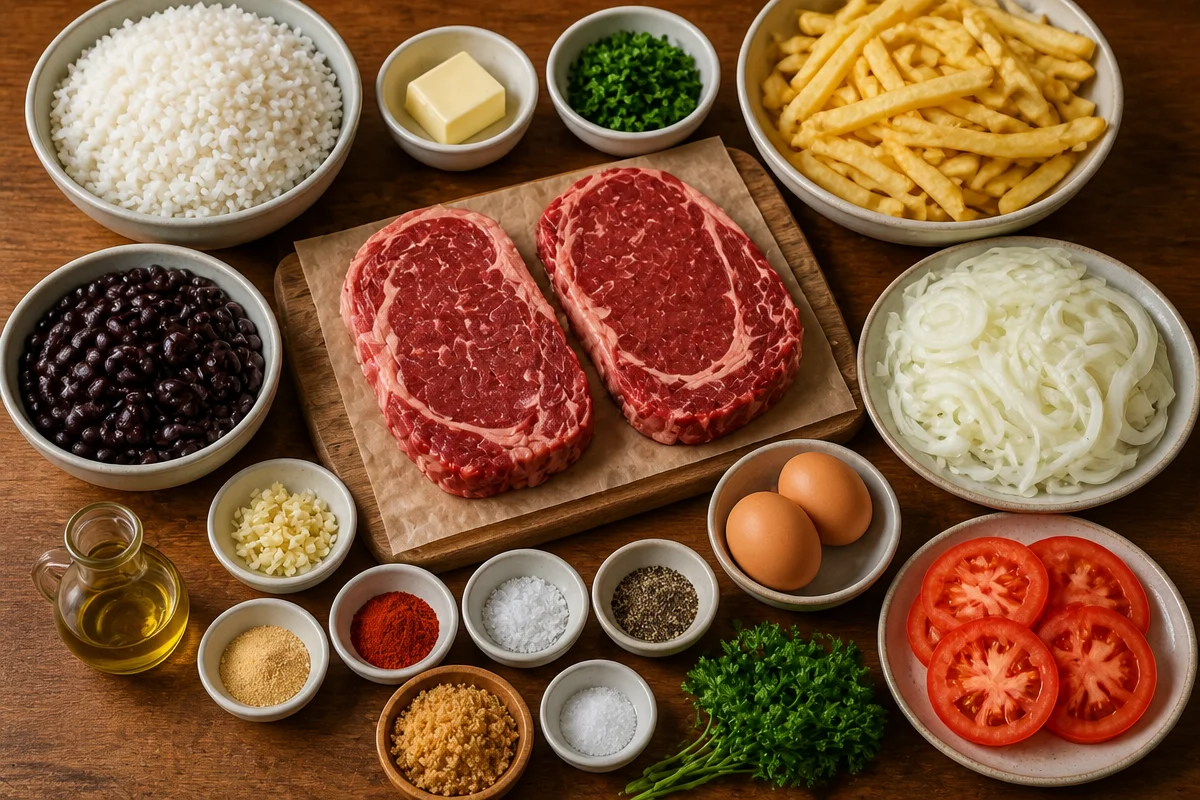 Steak with Caramelized Onions, Rice, Beans & Fries