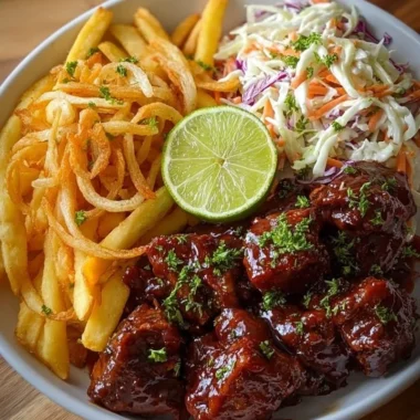 Delicious sticky BBQ beef bites served with fries and creamy coleslaw.