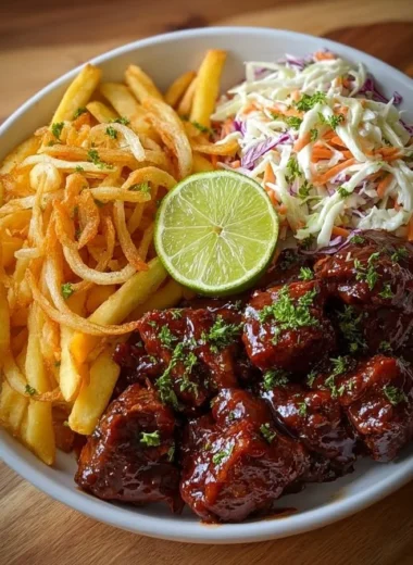 Delicious sticky BBQ beef bites served with fries and creamy coleslaw.