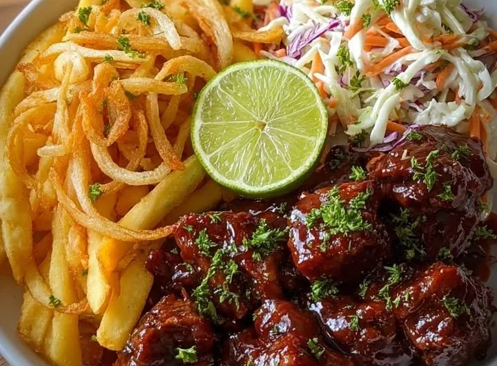 Delicious sticky BBQ beef bites served with fries and creamy coleslaw.