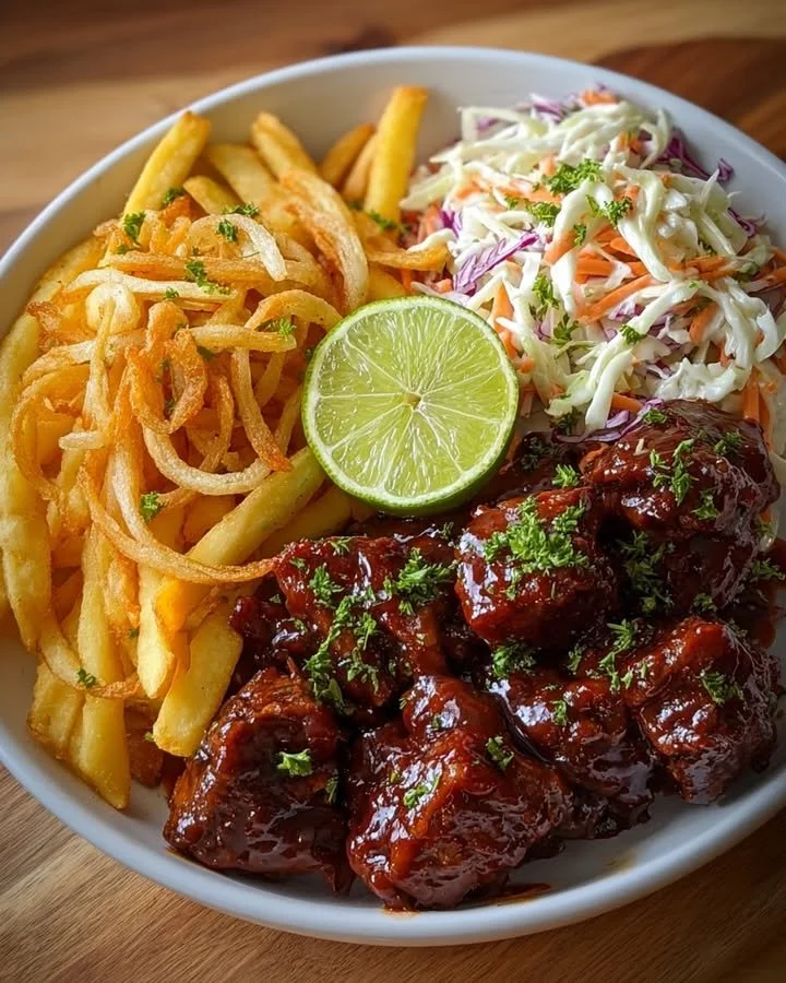 Sticky BBQ Beef Bites with Fries & Creamy Coleslaw