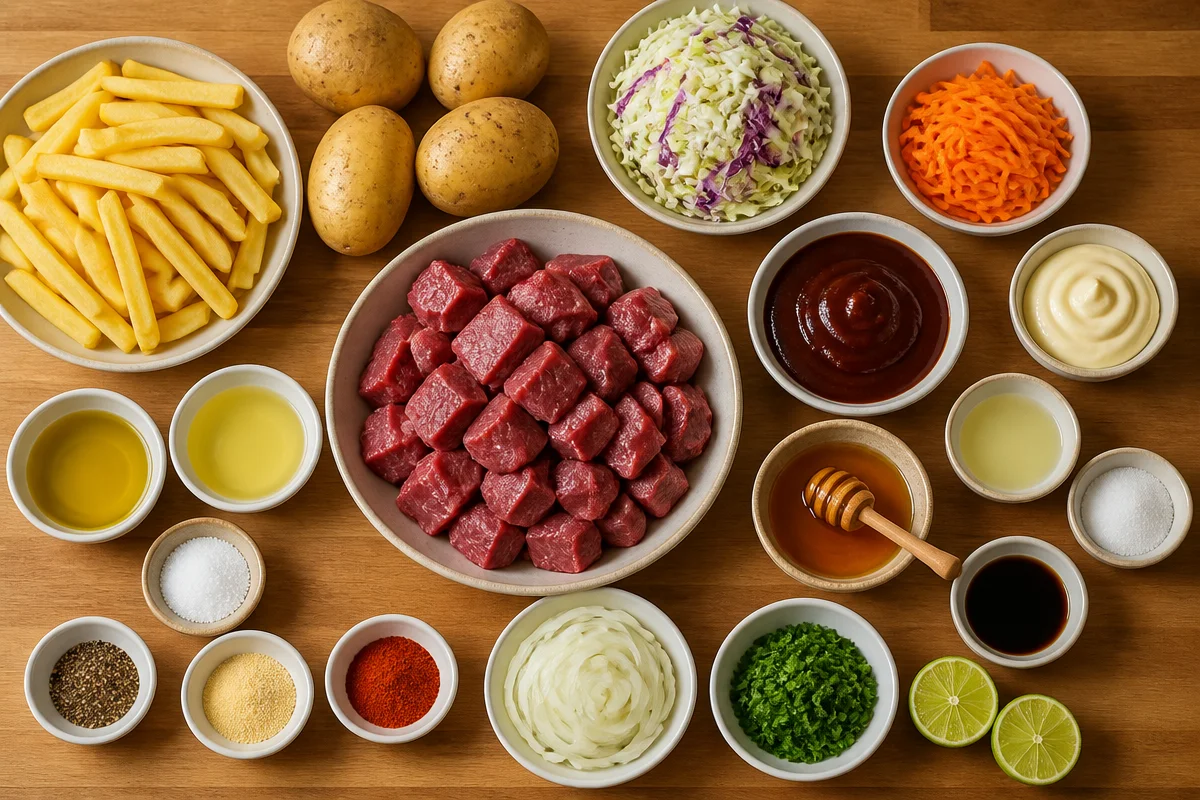 Sticky BBQ Beef Bites with Fries & Creamy Coleslaw