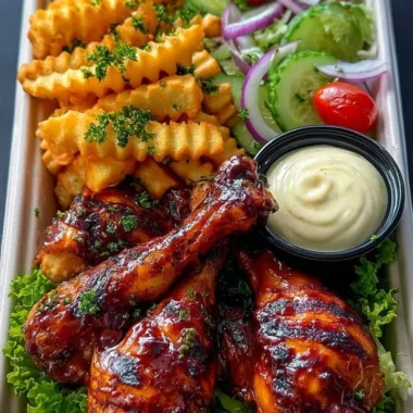 Sticky BBQ chicken drumsticks with seasoned fries and garden salad
