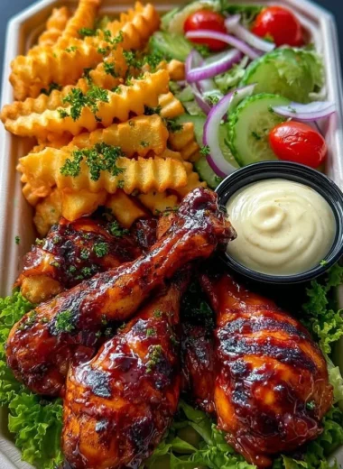 Sticky BBQ chicken drumsticks with seasoned fries and garden salad