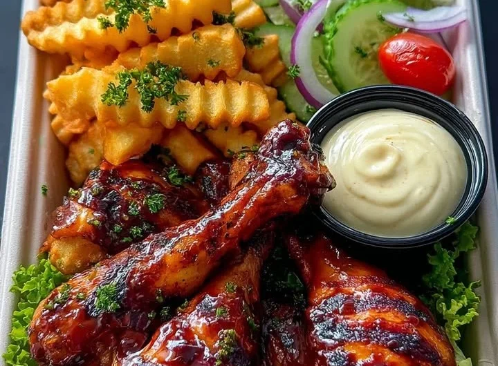 Sticky BBQ chicken drumsticks with seasoned fries and garden salad