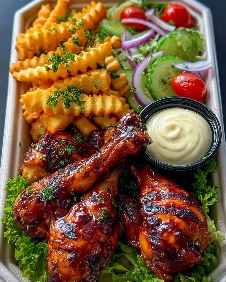 Sticky BBQ chicken drumsticks with seasoned fries and garden salad
