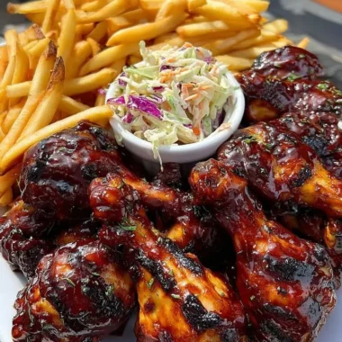 Sticky BBQ chicken drumsticks served with fries and coleslaw on a plate