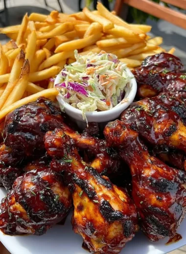 Sticky BBQ chicken drumsticks served with fries and coleslaw on a plate
