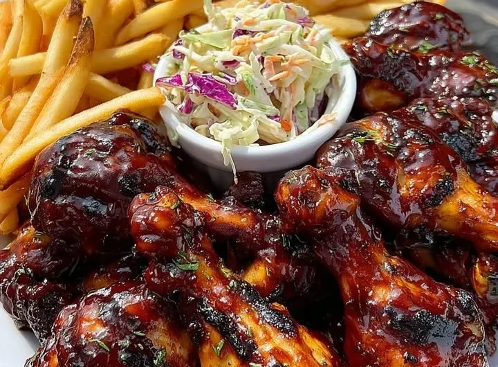 Sticky BBQ chicken drumsticks served with fries and coleslaw on a plate