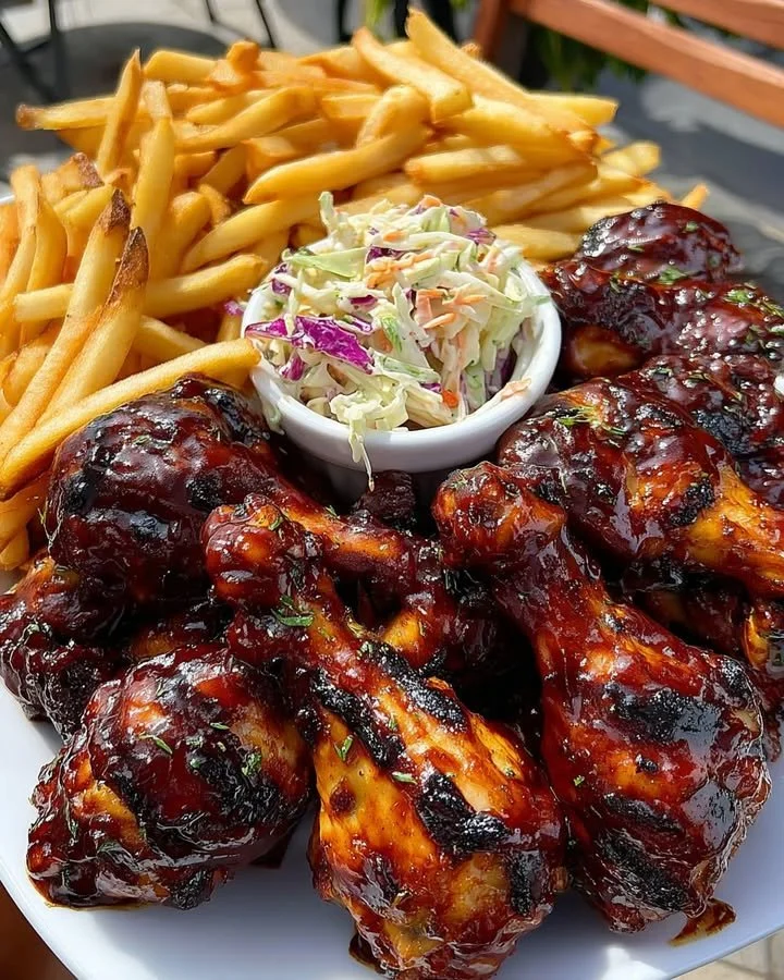 Sticky BBQ chicken drumsticks served with fries and coleslaw on a plate