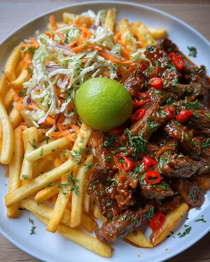 Sticky Chili Beef Strips with Crispy Fries & Coleslaw