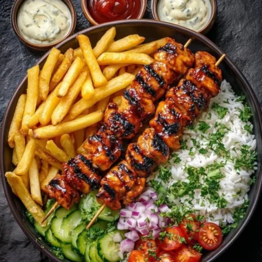 Sticky Honey BBQ Chicken Skewers Bowl with vibrant vegetables and sauce