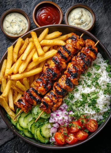 Sticky Honey BBQ Chicken Skewers Bowl with vibrant vegetables and sauce