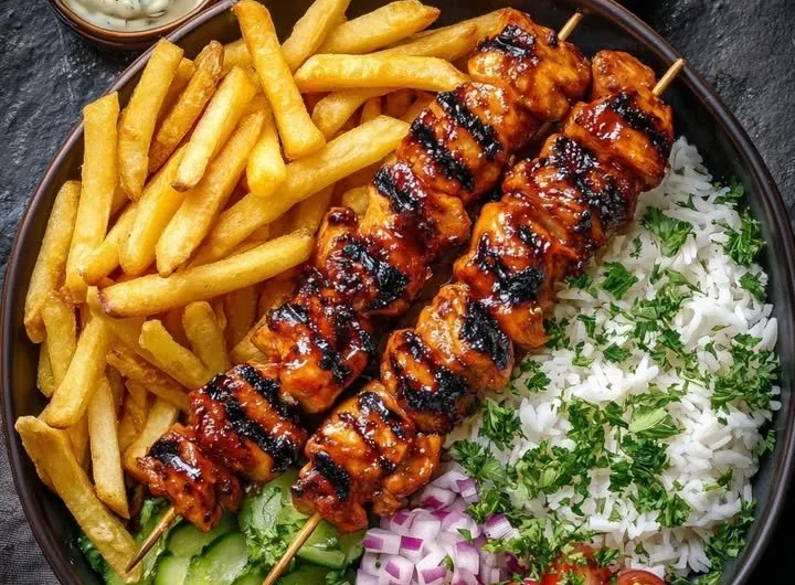 Sticky Honey BBQ Chicken Skewers Bowl with vibrant vegetables and sauce
