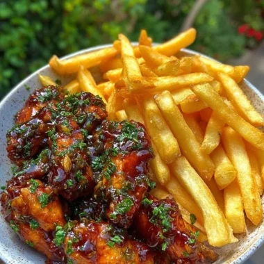 Sticky honey garlic chicken wings served with crispy fries