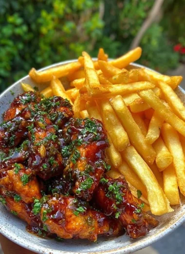 Sticky honey garlic chicken wings served with crispy fries