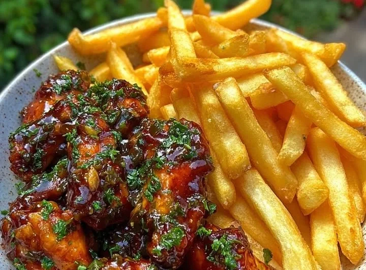 Sticky honey garlic chicken wings served with crispy fries