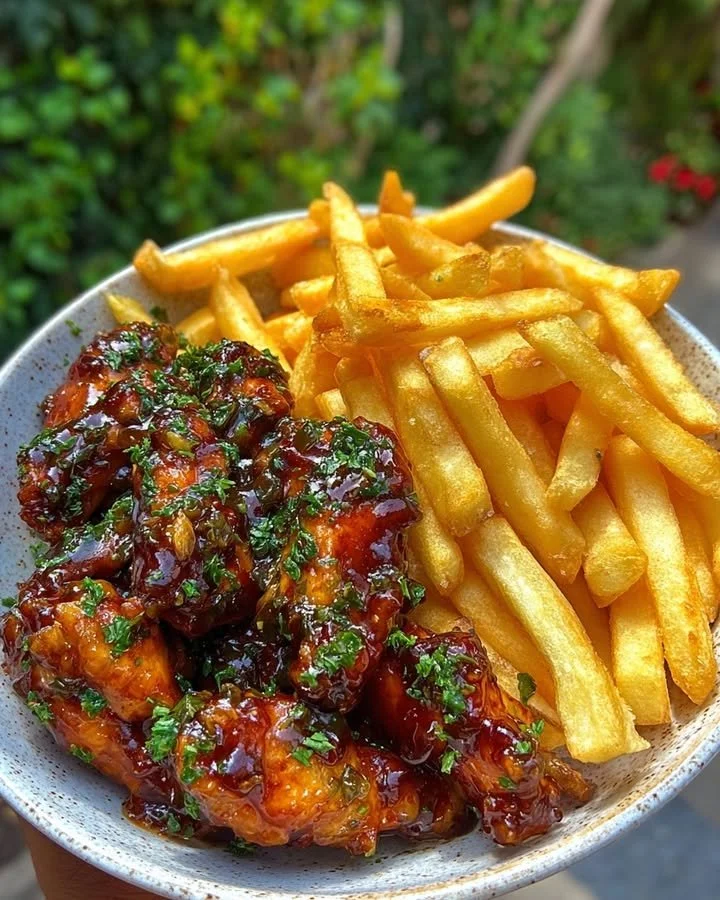 Sticky honey garlic chicken wings served with crispy fries