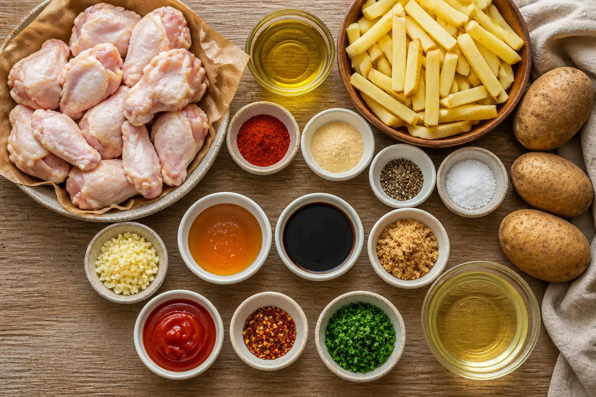 Sticky Honey Garlic Chicken Wings & Crispy Fries