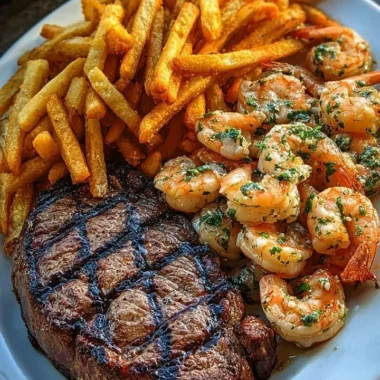 Surf & Turf featuring steak and garlic butter shrimp with seasoned fries