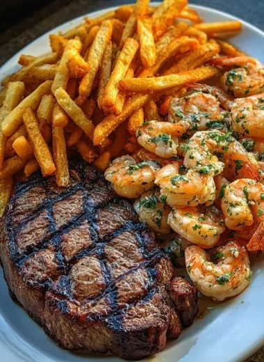 Surf & Turf featuring steak and garlic butter shrimp with seasoned fries