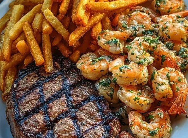 Surf & Turf featuring steak and garlic butter shrimp with seasoned fries