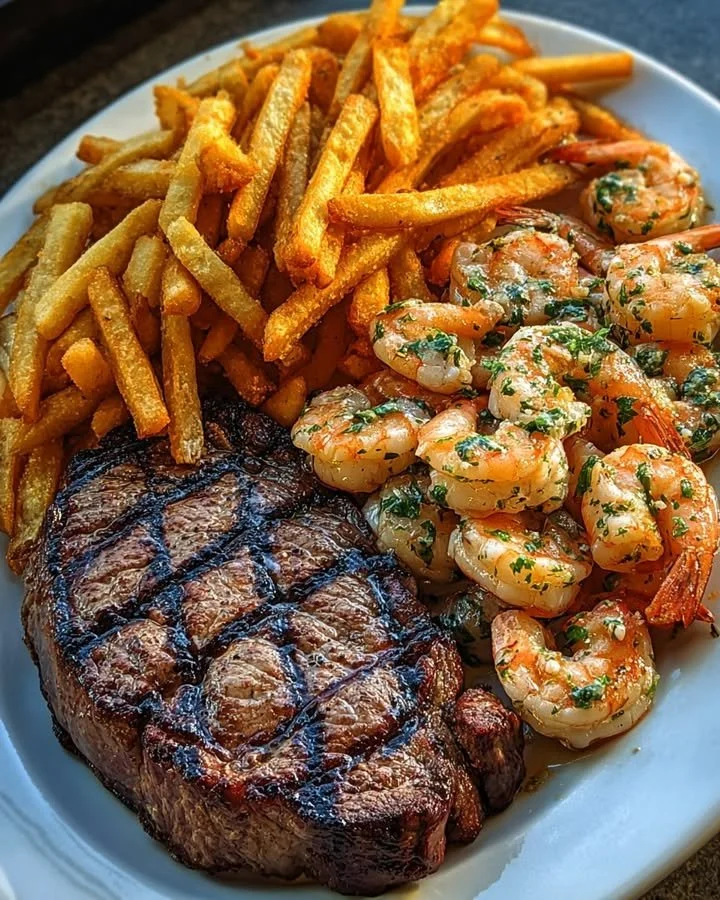Surf & Turf Steak with Garlic Butter Shrimp & Seasoned Fries