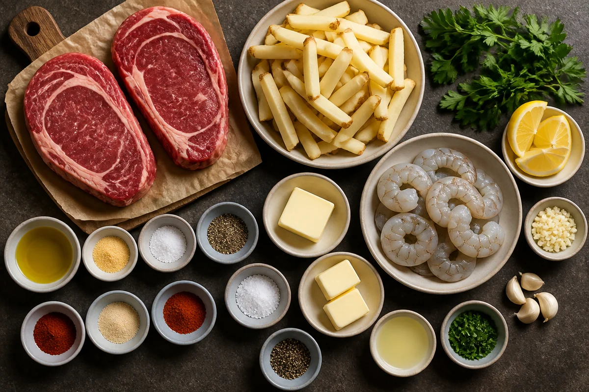 Surf & Turf Steak with Garlic Butter Shrimp & Seasoned Fries