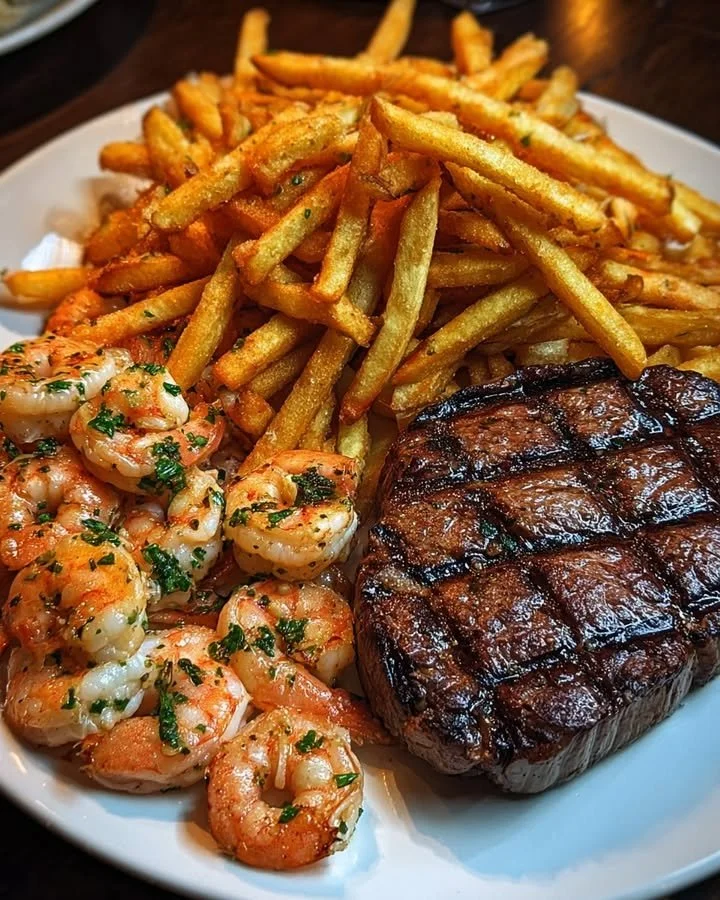 Surf & Turf Steak with Garlic Shrimp & Seasoned Fries