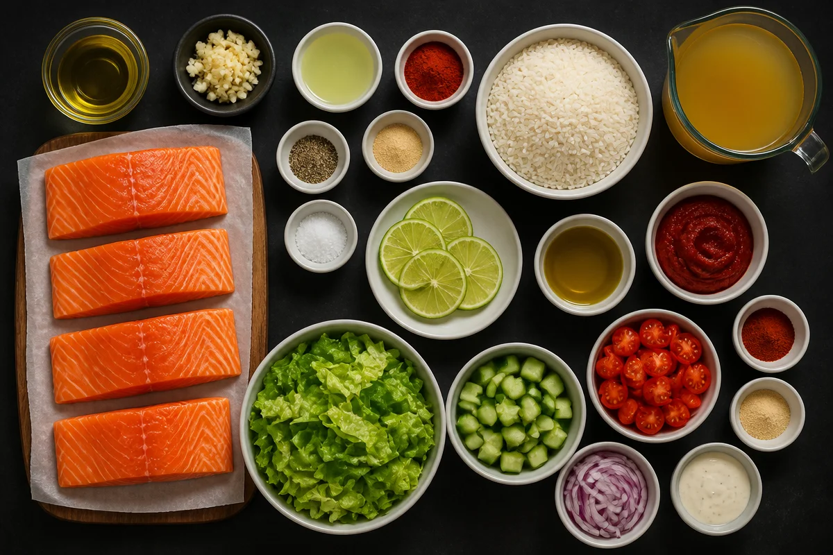 Zesty Lime Salmon With Spanish Rice And Garden Salad